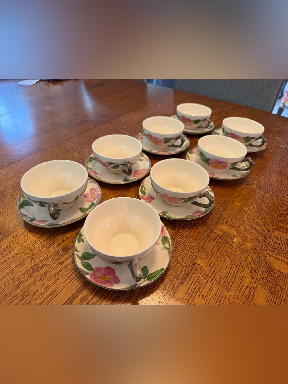 Set of eight Franciscan Desert Rose, cups and saucers.